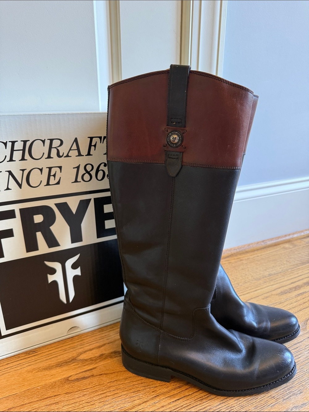 Frye Two-Tone Tall Leather Riding Boot - Black & Chestnut